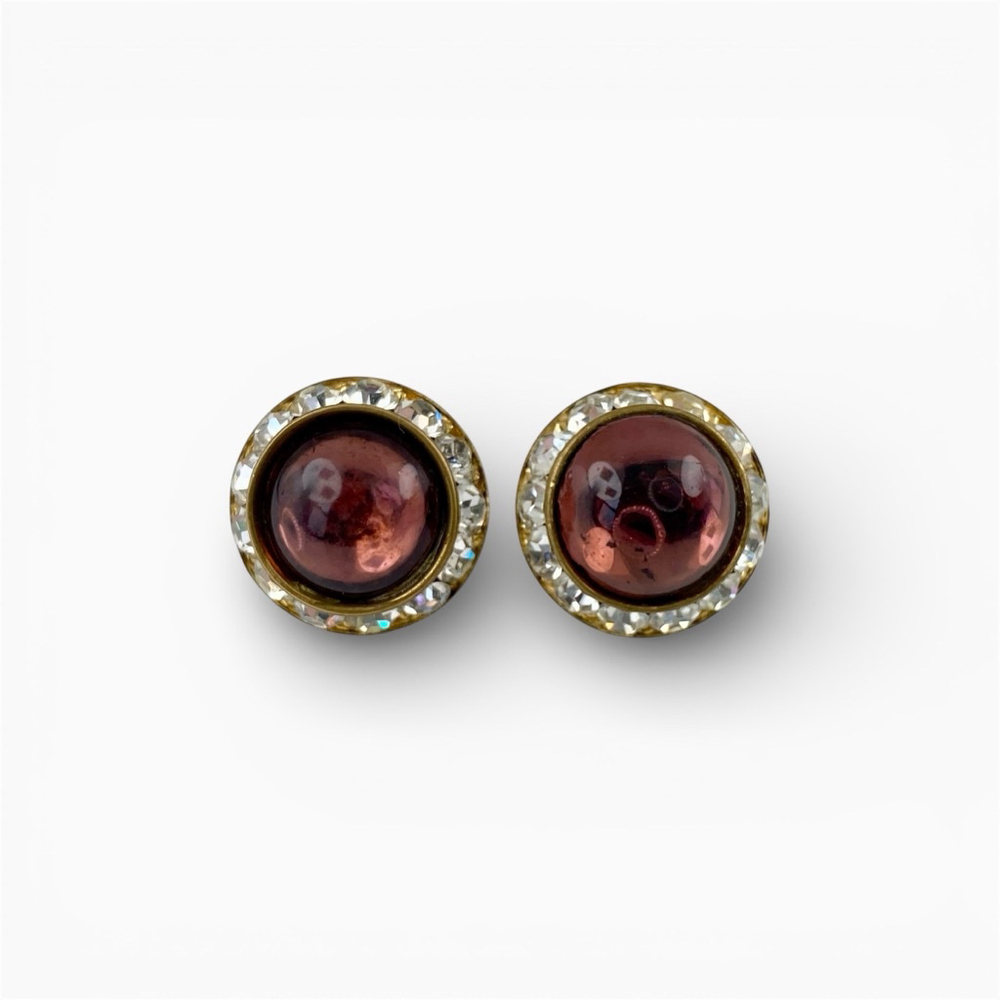 Vintage West Germany Earrings Purple Glass Cabochon Rhinestone Screw Back